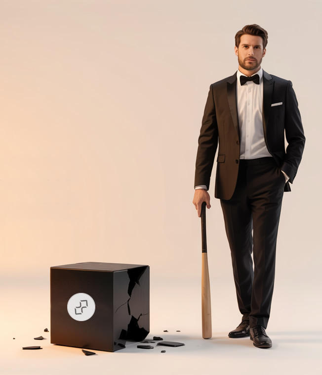 Man wearing a tuxedo with caption: We craft elegant ads that hit hard