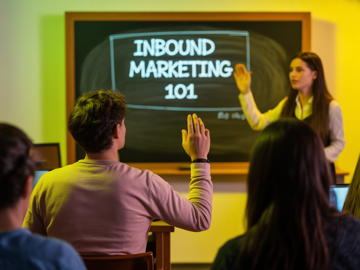 A classroom with people and Inbound Marketing 101 screen