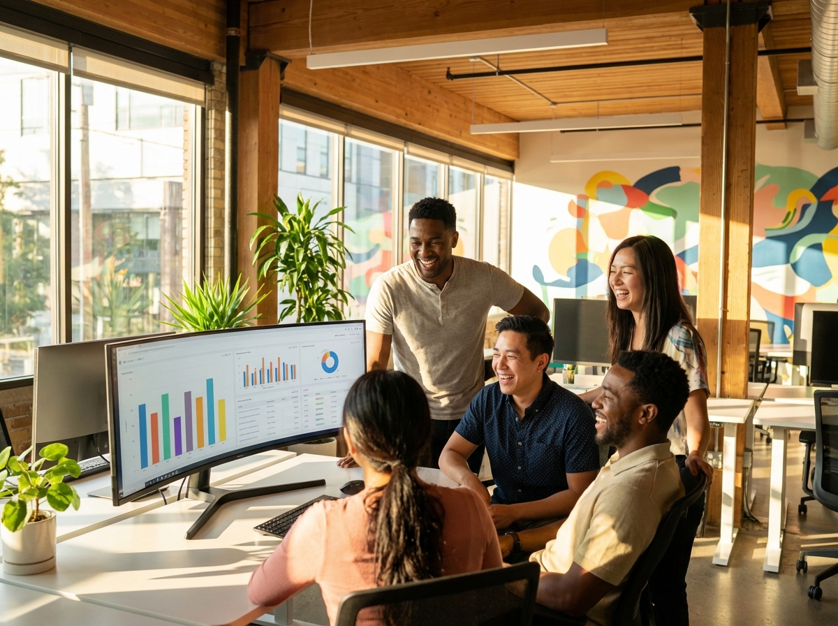 A team gathered around a desk