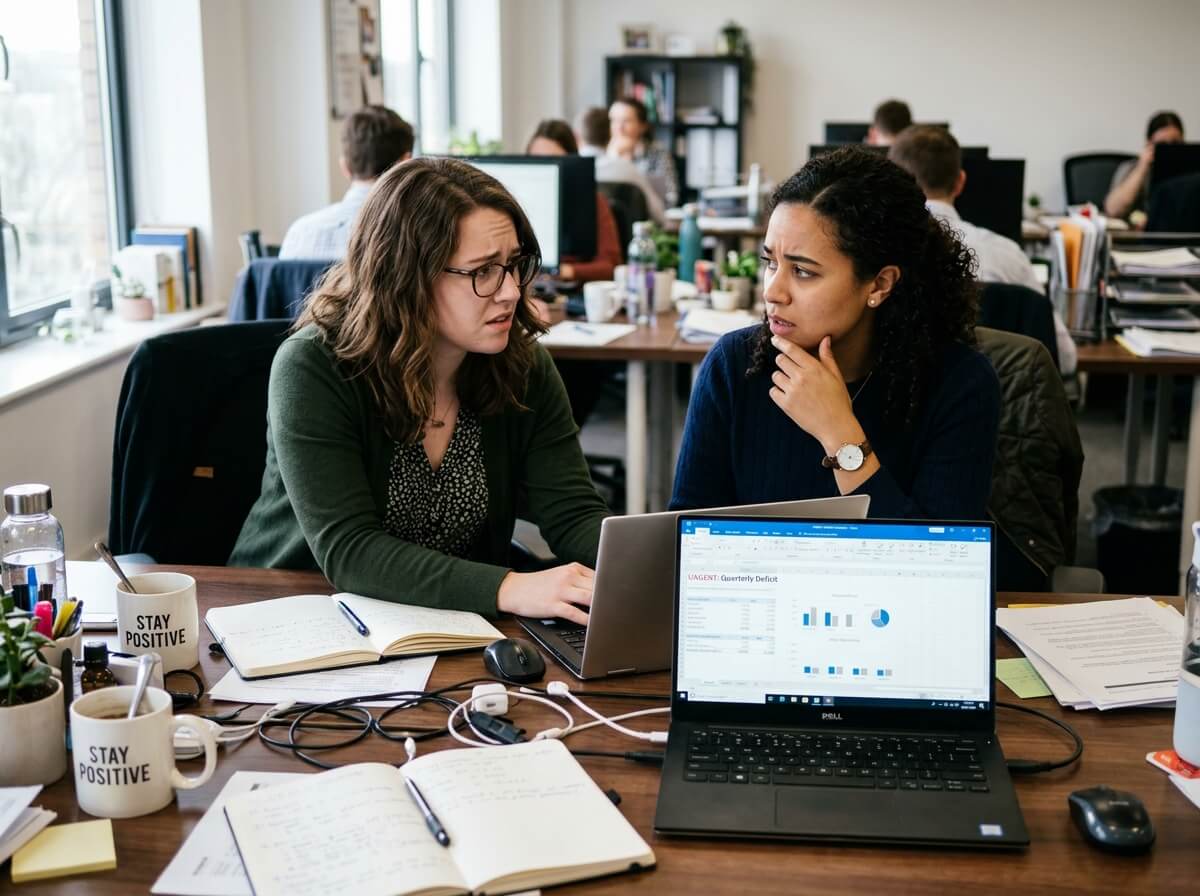 Two women in an office workspace discussing quarterly deficit data on a laptop screen, surrounded by notebooks and office supplies.