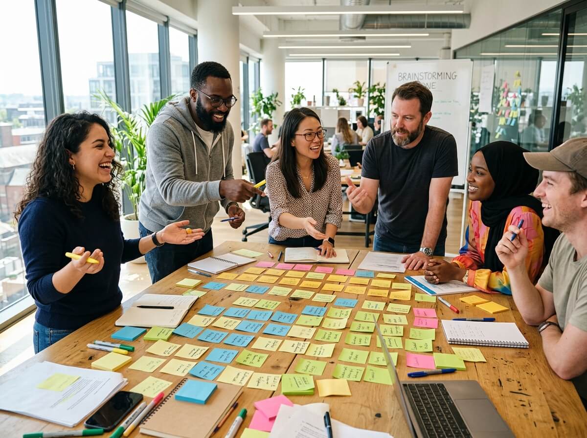 # Alt TextA diverse team of six people collaborating around a wooden table covered with colorful sticky notes during a brainstorming session in a modern office.