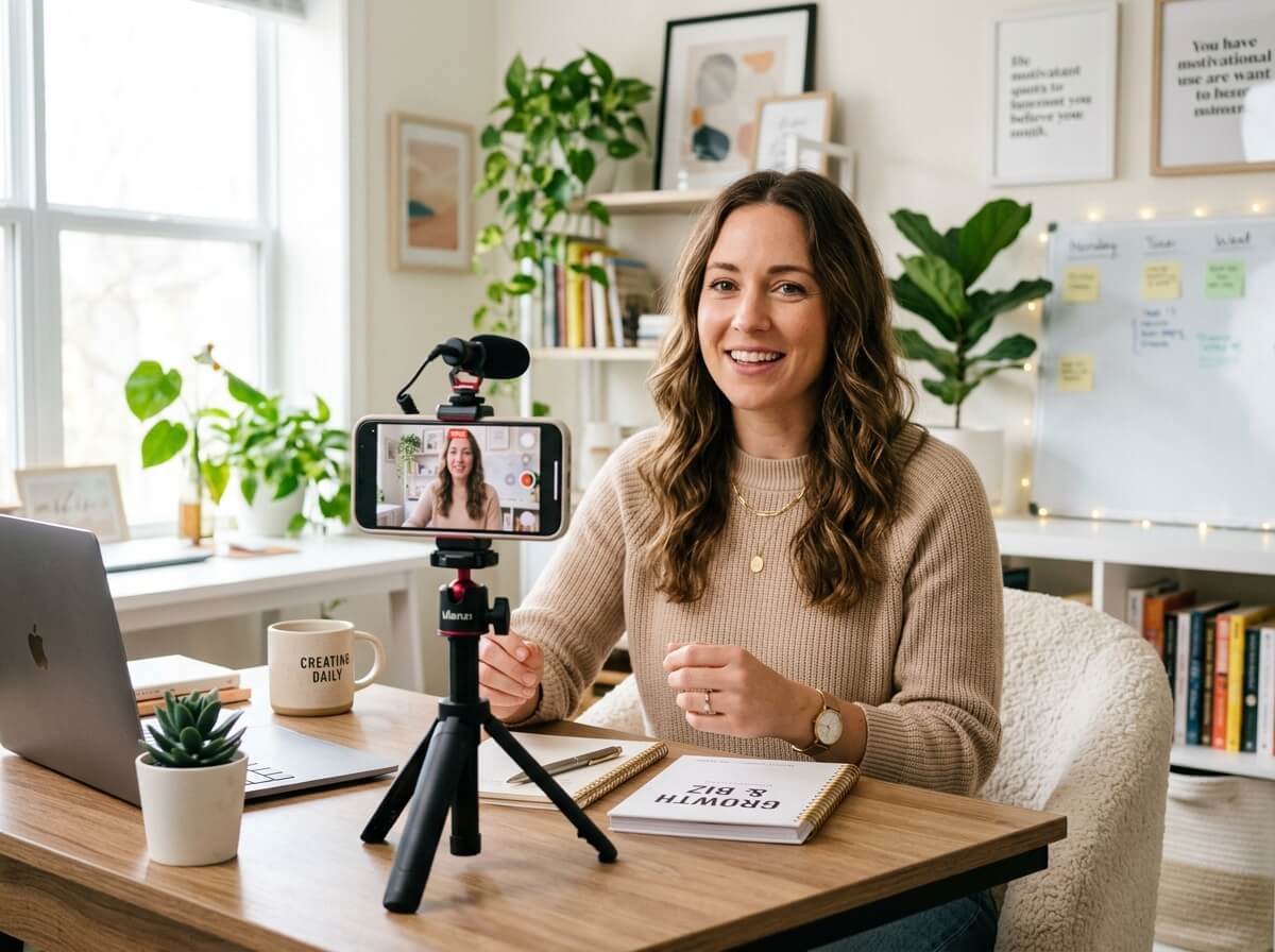 Woman recording video at desk with smartphone on tripod, laptop, plants, and coffee mug in bright home office.