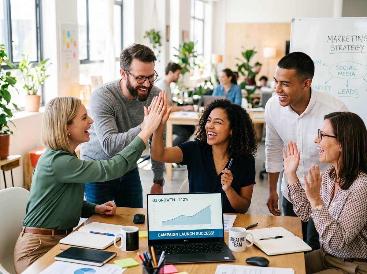 A diverse team of five professionals celebrating together in a bright office, giving high-fives while viewing a laptop showing Q3 growth of 212% and campaign launch success metrics.