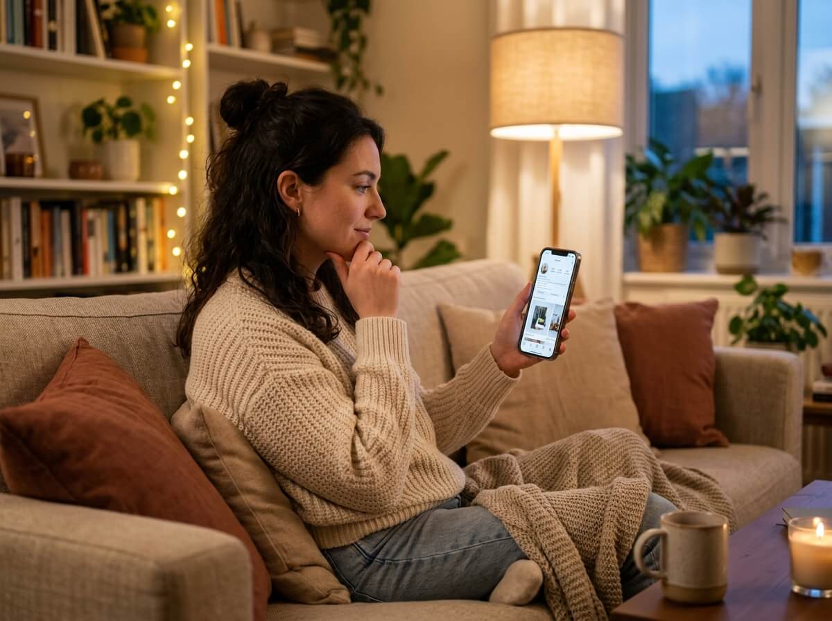 A woman in a beige sweater sits on a couch holding a smartphone, looking thoughtfully at the screen in a warmly lit living room with plants and bookshelves.