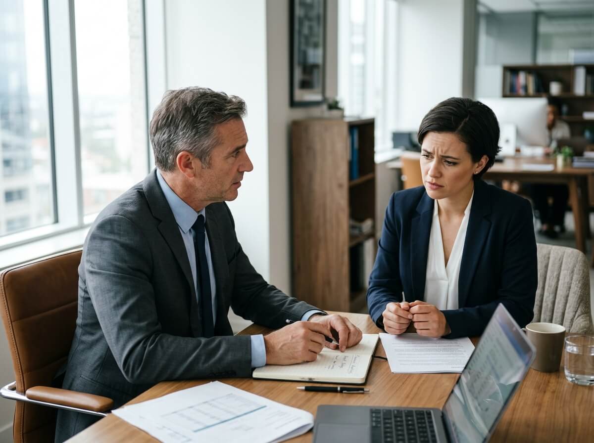 Two business professionals in formal attire discussing documents at a wooden desk in a modern high-rise office with city views through large windows.