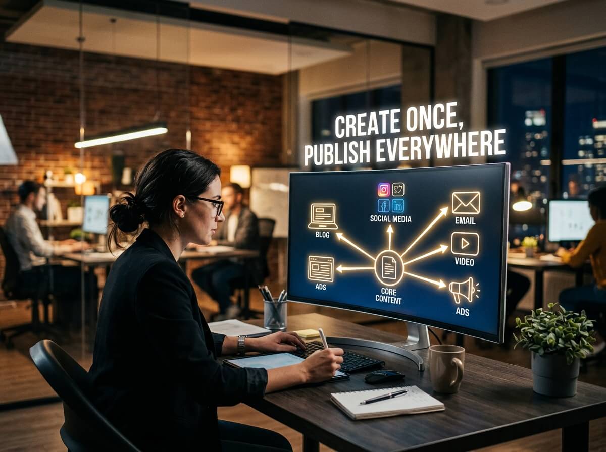 A woman in an office views a monitor displaying a content distribution diagram with 