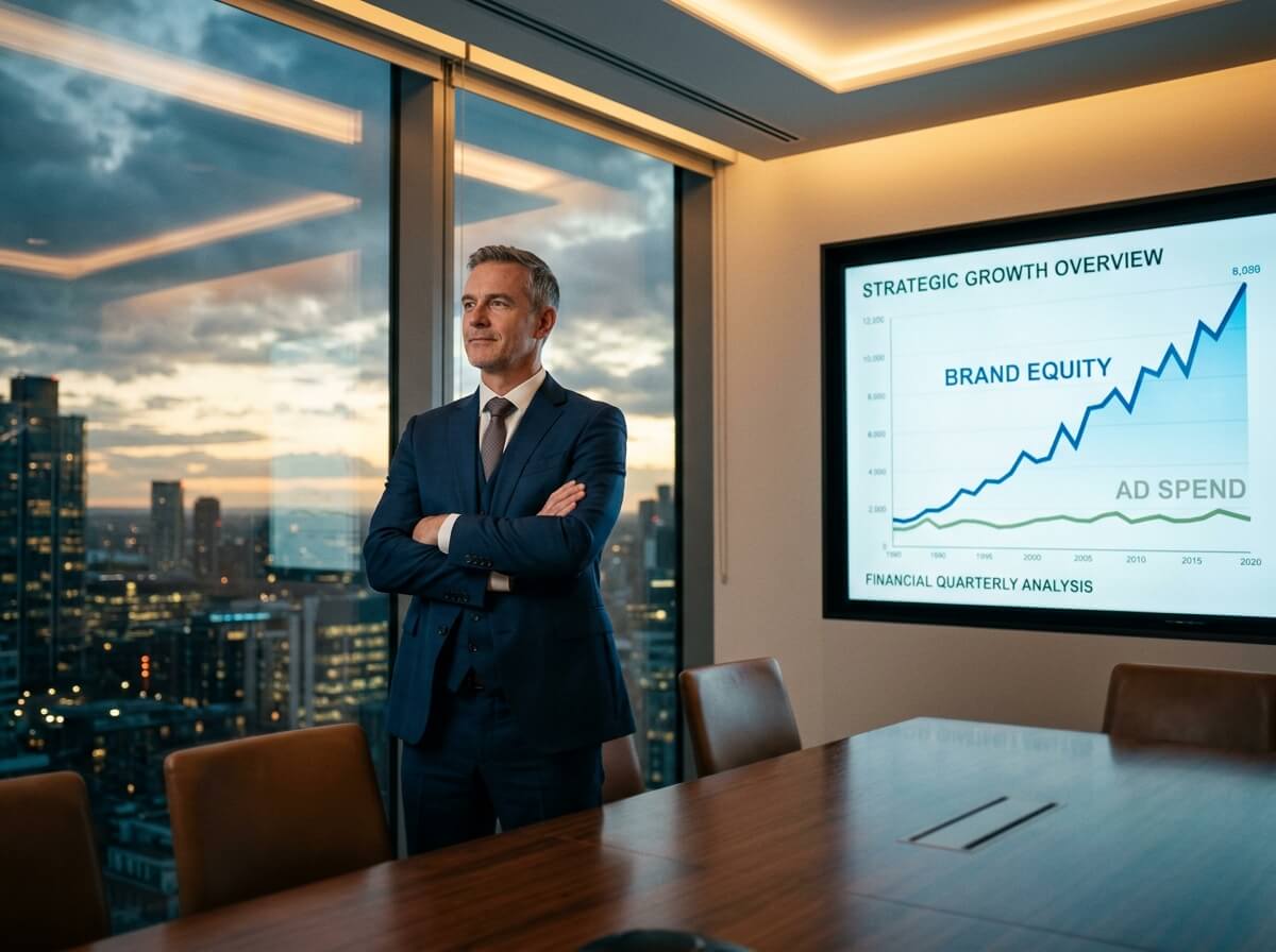 A businessman in a dark suit stands with crossed arms in a modern high-rise conference room overlooking a cityscape at dusk, with a presentation screen displaying strategic growth charts.