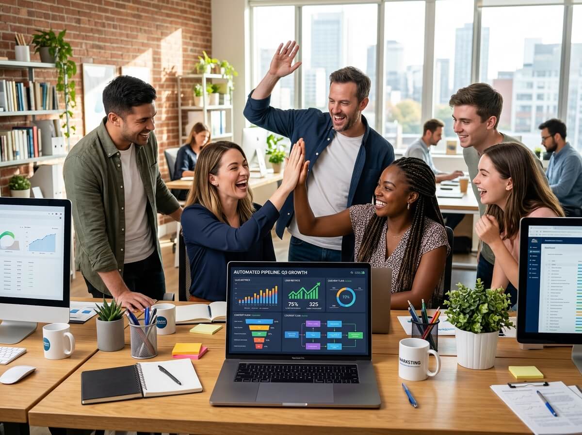 A diverse team celebrates success in a modern office, high-fiving around a laptop displaying growth charts and analytics dashboards with city skyline views.