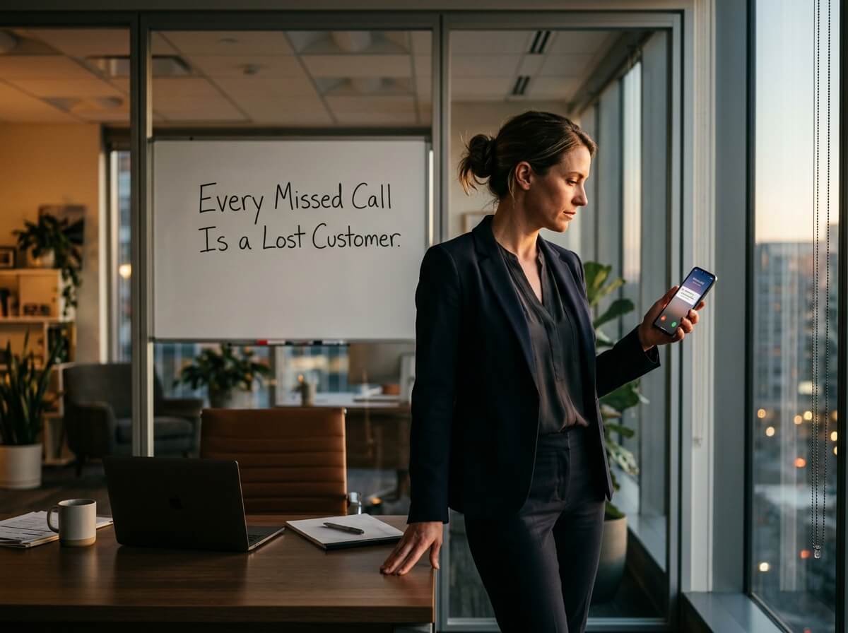 A professional woman in a dark blazer holds a smartphone in a modern office, with a whiteboard behind her reading "Every Missed Call Is a Lost Customer."