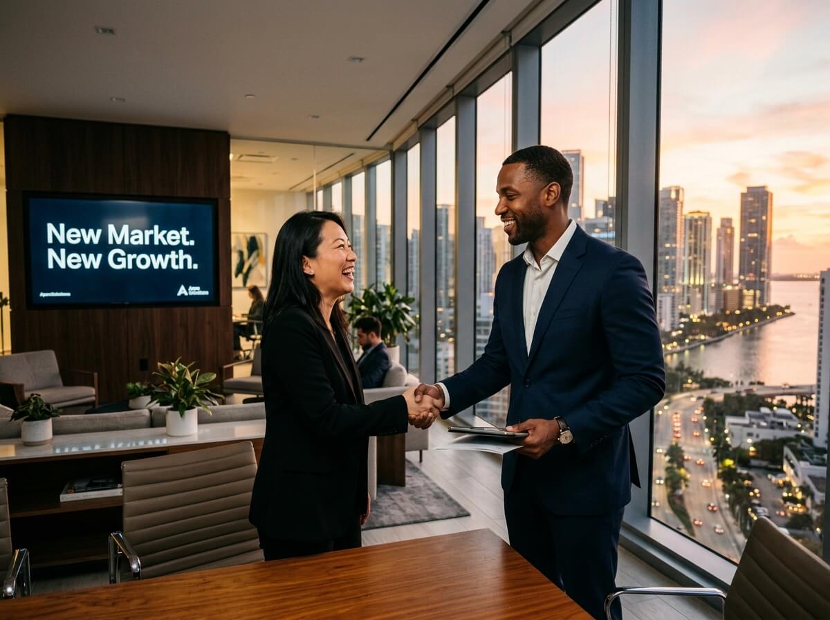 Two business professionals shaking hands in a high-rise office with city skyline views at sunset, with "New Market. New Growth." displayed on a screen behind them.