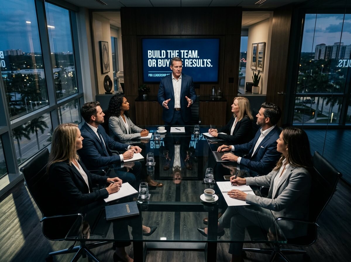 A business team of seven professionals in formal attire sits around a dark conference table in a high-rise office, with one man standing and gesturing while speaking. A screen behind them displays "BUILD THE TEAM. OR BUY THE RESULTS."