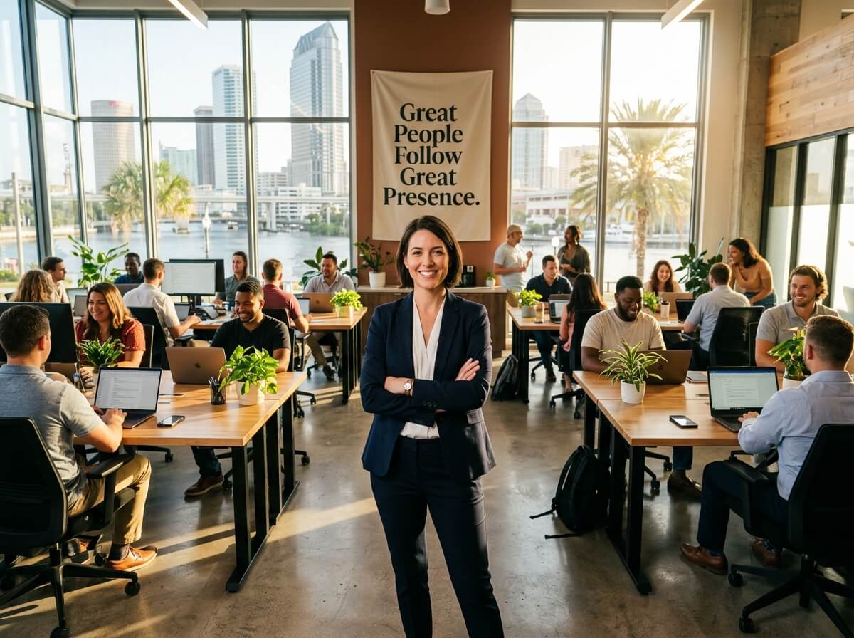 A woman in a navy blazer stands confidently in a modern office with floor-to-ceiling windows overlooking a city skyline and water, surrounded by diverse employees working at wooden desks with laptops and plants.