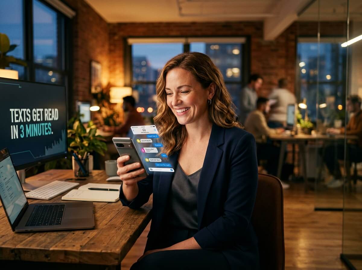 A woman in a navy blazer smiles while holding a smartphone displaying a messaging app interface at her desk in a modern office with city views at dusk.