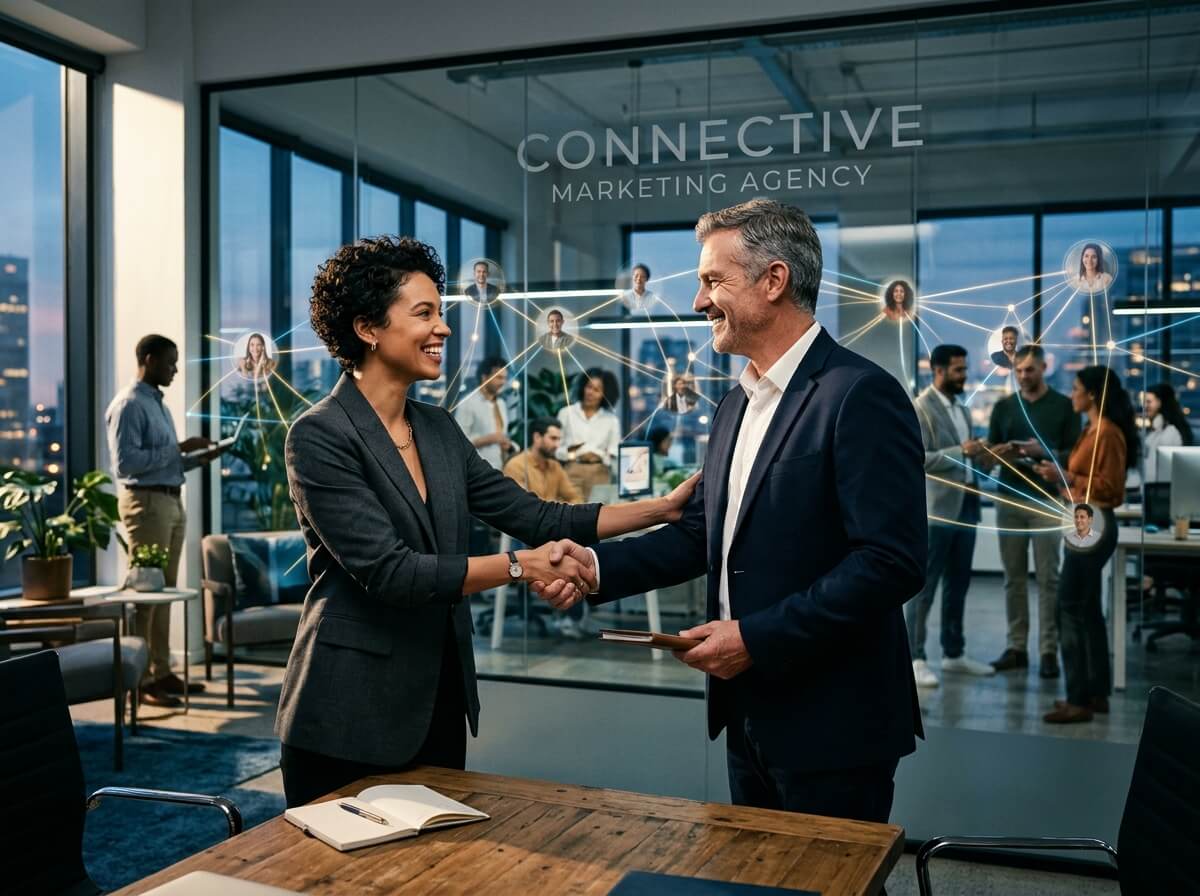 Two professionals shaking hands in a modern office with "Connective Marketing Agency" signage and network visualization on glass walls.