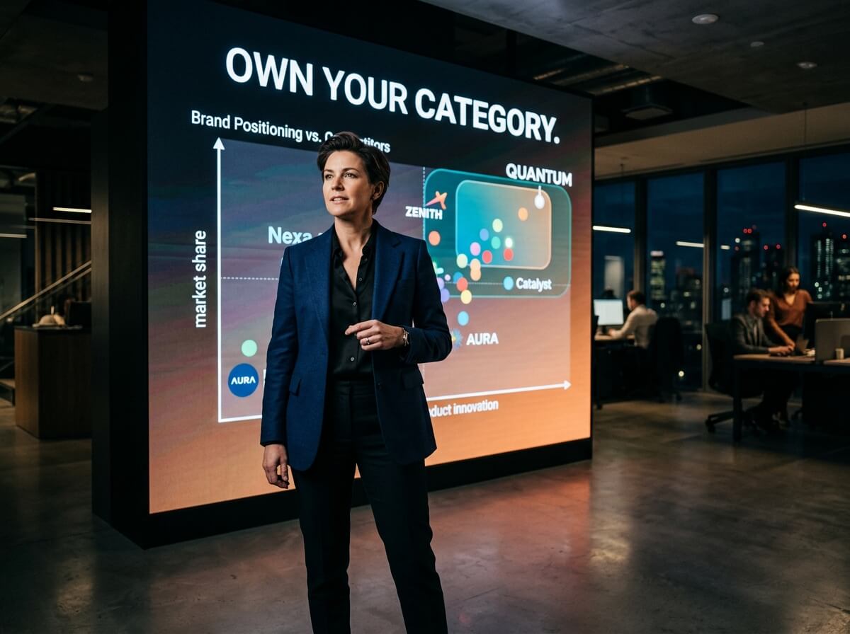 A businesswoman in a dark blazer presents a slide titled "Own Your Category" displaying a brand positioning chart with market share and product innovation axes, featuring brands like Zenith, Quantum, Catalyst, and Aura.