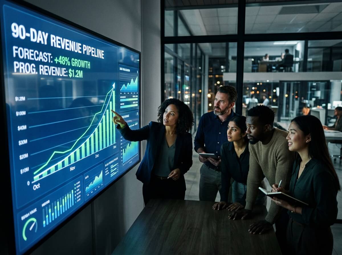 # Alt Text:A diverse team of business professionals reviewing a 90-day revenue pipeline forecast showing 48% growth and $1.2M projected revenue on a large digital display in a modern office.