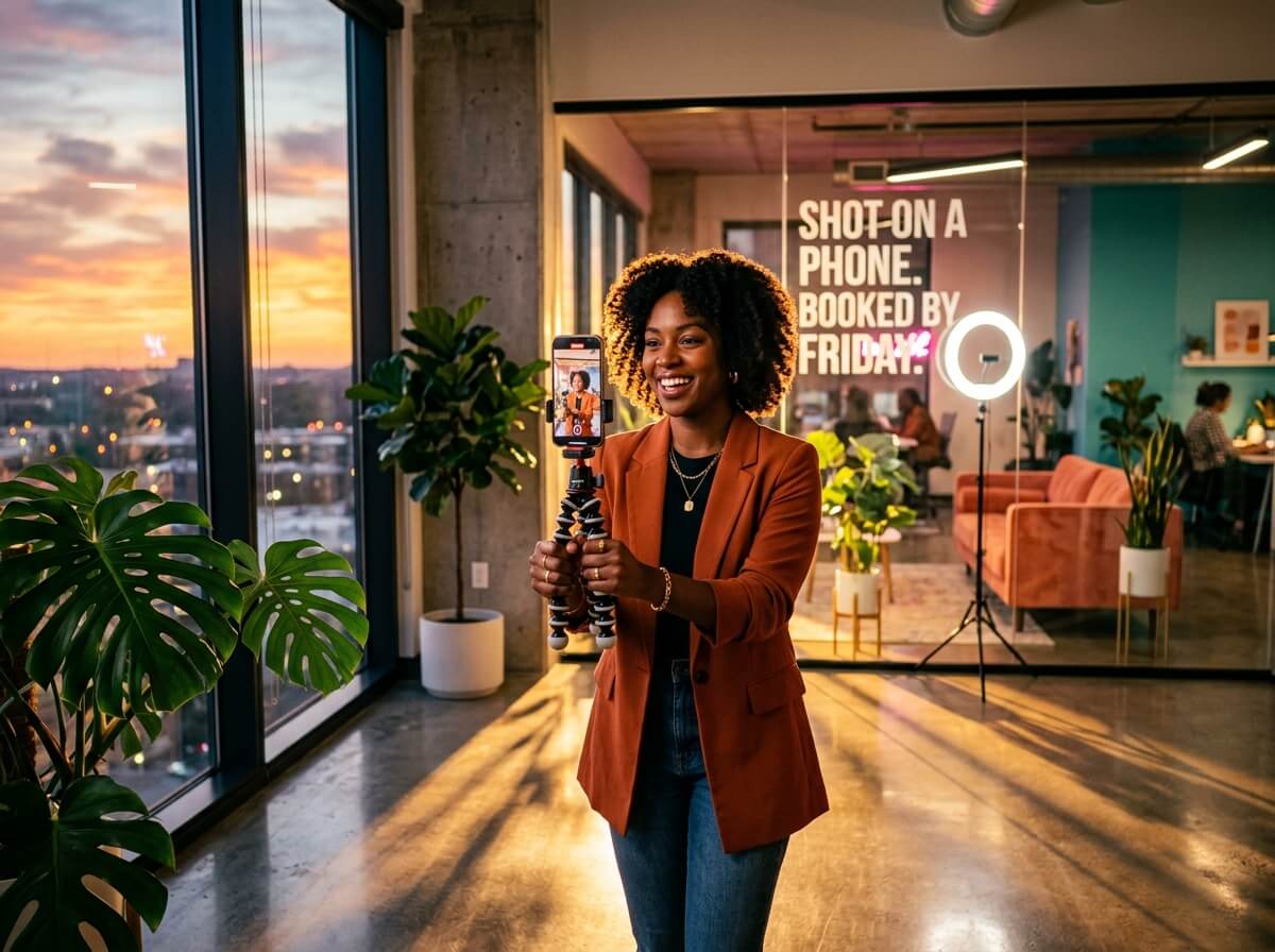 A woman in an orange blazer holds a phone on a tripod in a modern office with city views at sunset, with a sign reading "Shot on a phone. Booked by Friday."