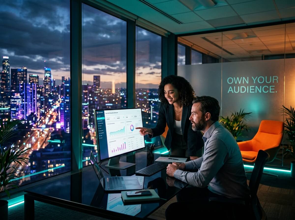 Two professionals review analytics data on a monitor in a modern high-rise office overlooking a nighttime city skyline.