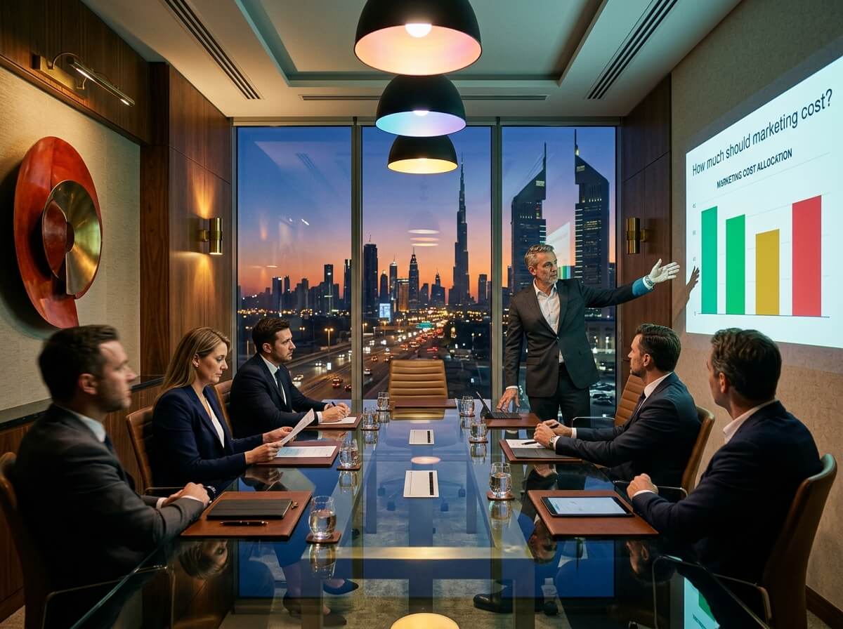 A businessman presents marketing cost data on a chart to five colleagues seated around a glass conference table in a high-rise office overlooking a city skyline at dusk.