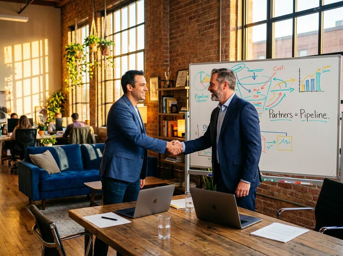Two business professionals in blue blazers shake hands in a modern loft office beside a whiteboard showing business diagrams and the text 