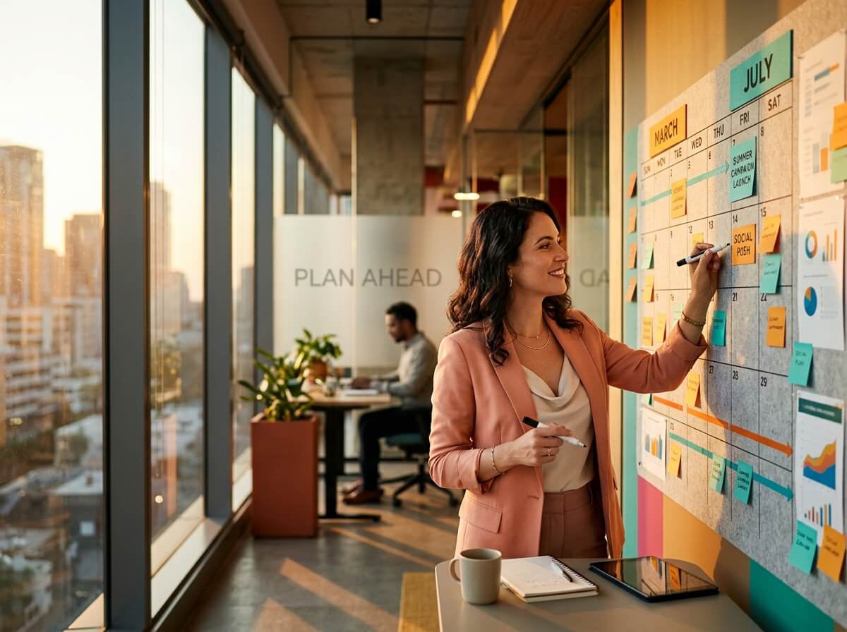A woman in a coral blazer writes on a calendar wall planner in a modern office with city views and 